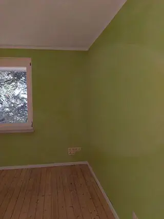 Grün gestrichener Raum mit Fenster und Holzboden